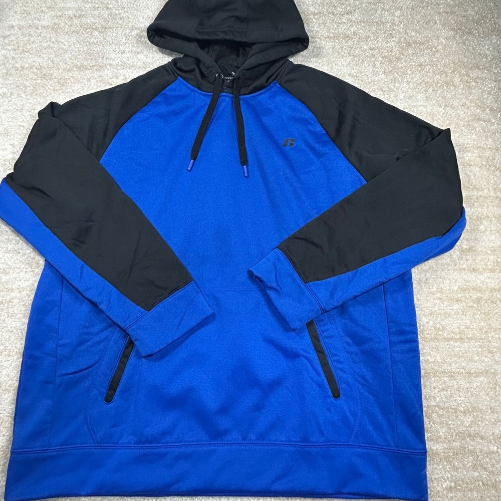 Russell Athletic Hoodie Men XL Blue Black Pullover Hooded Sweatshirt Logo Active